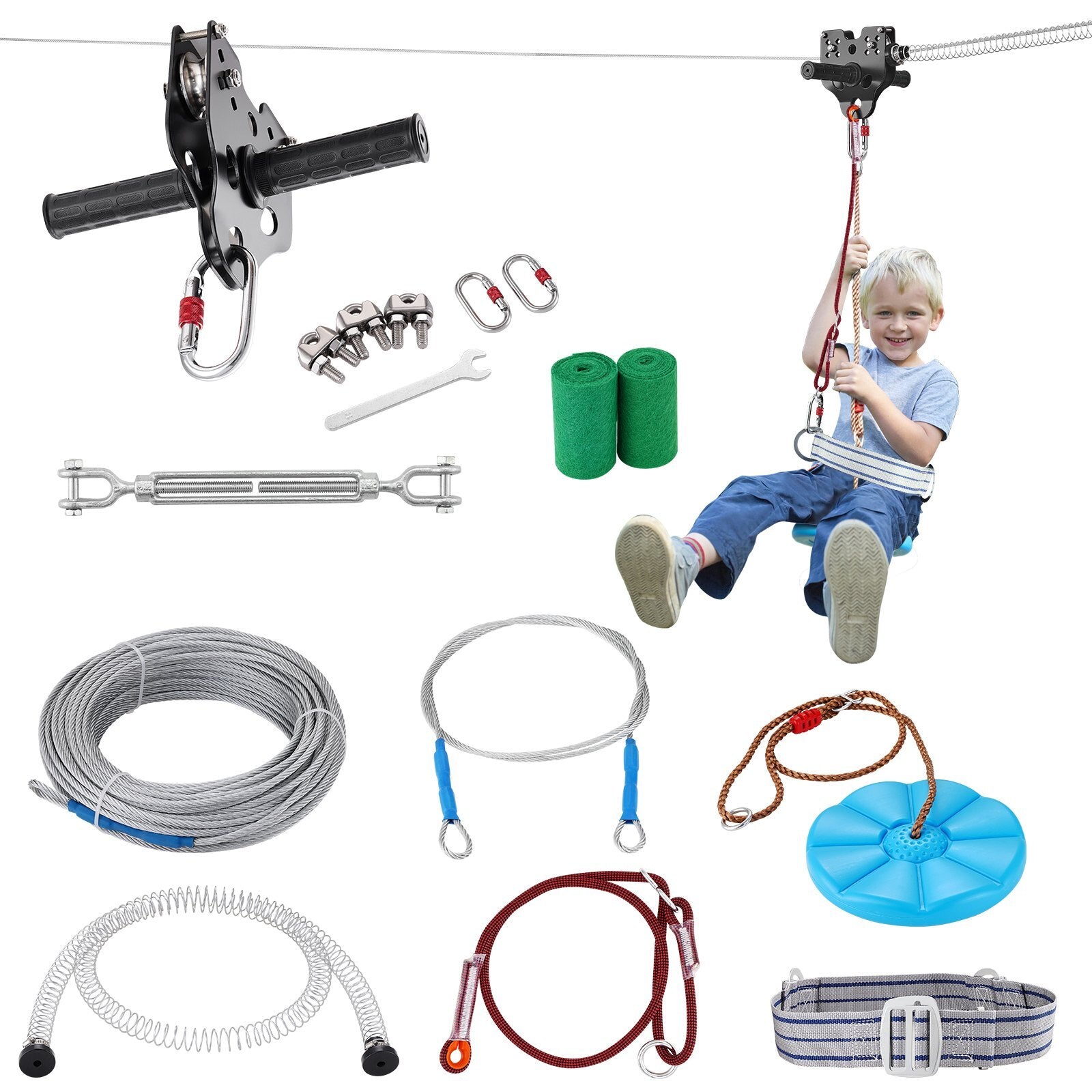 Zipline Kit for Kids and Adult, 120 ft Zip Line Kits Up to 500 lb, Backyard Outdoor Quick Setup Zipline, Playground Entertainment with Stainless Steel Zipline, Spring Brake, Safety Harness, Seat