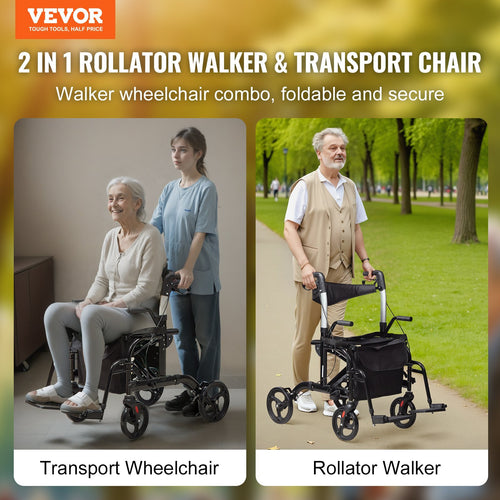 2 in 1 Rollator Walker & Transport Chair for Seniors, Folding Rolling Walker Wheelchair Combo & Footrests, Lightweight Aluminum Mobility Walker with Adjustable Handle, All Terrain Wheels, 300LBS
